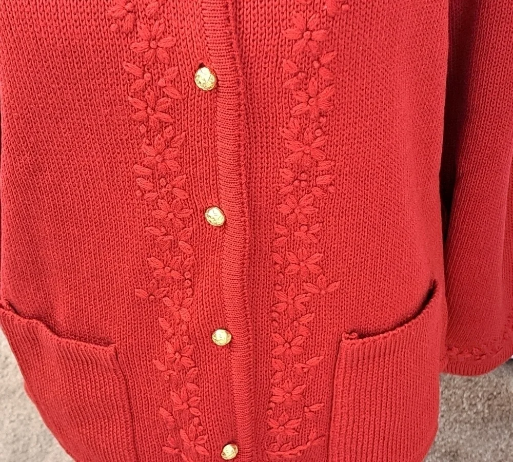 COPY - Vintage Crystal Kobe Red Knit Cardigan With Embroidered Flowers Size XL